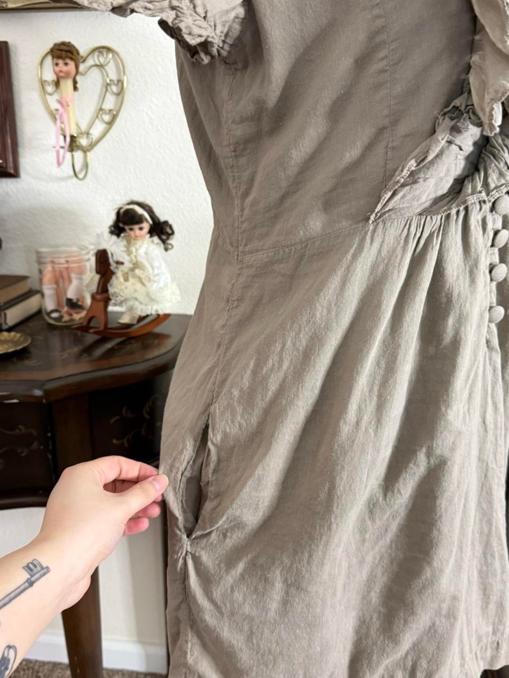 Y2k dainty girly grunge vampy fairy muted brown ruffled mini dress w pockets - Picture 5 of 5
